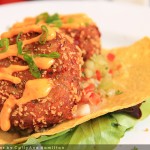 Photograph by CallyAnn Hamilton of fried crab cakes on a crispy tostada garnished with green onions from the Lift restaurant in Jackson, Wyoming